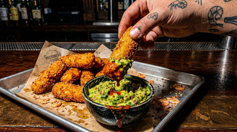Barritas de camarón con guacamole y salsa picante
