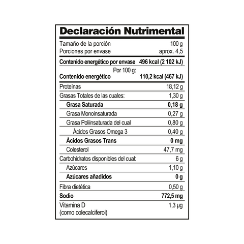 Tabla nutrimental Salchicha de atún Rossonero 450g - información nutricional y ingredientes